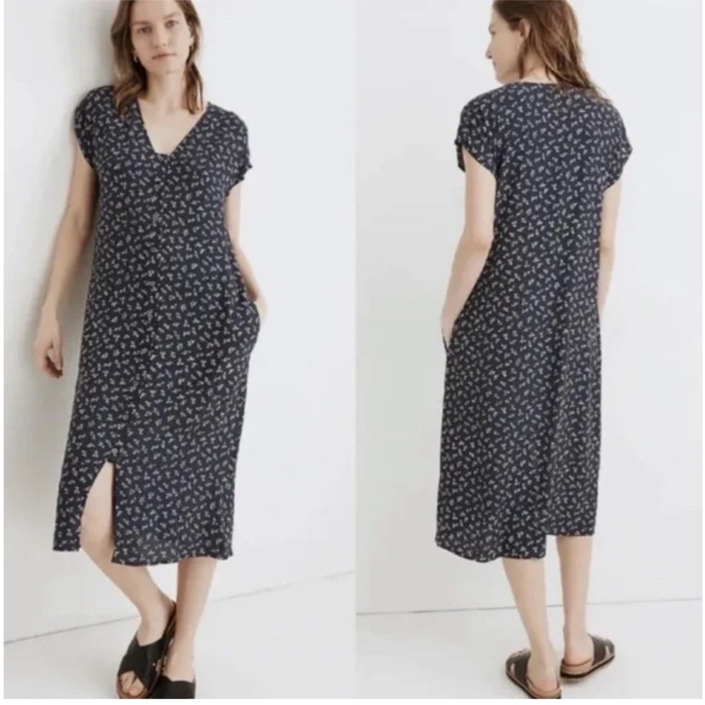 Madewell blue floral button front midi dress size large - great condition